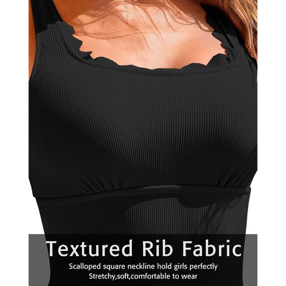 Women's Black Scalloped Ribbed One Piece Retro Square Neck Modest Swimsuits - Picture 4 of 9